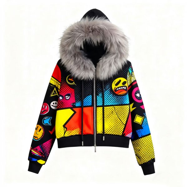 Women's Bold Comic Emoji Print Faux Fur Hooded Jacket