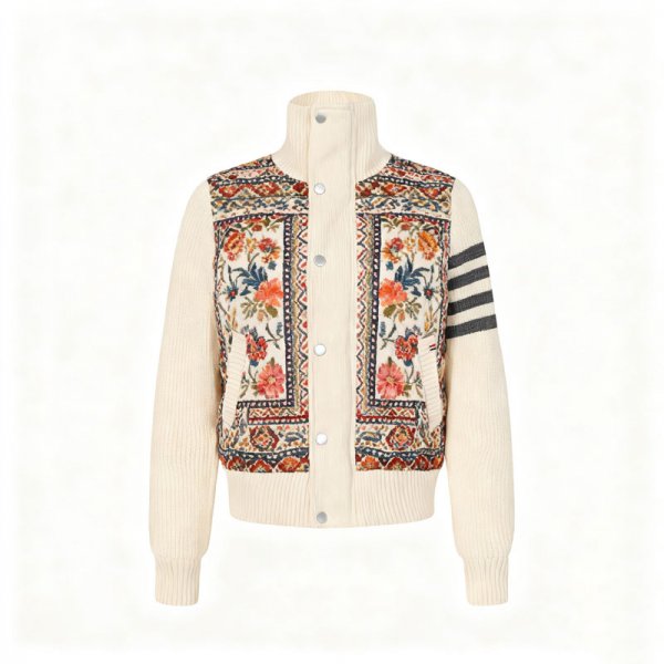 Women's Cream Floral Geometric Print Quilted Bomber Jacket