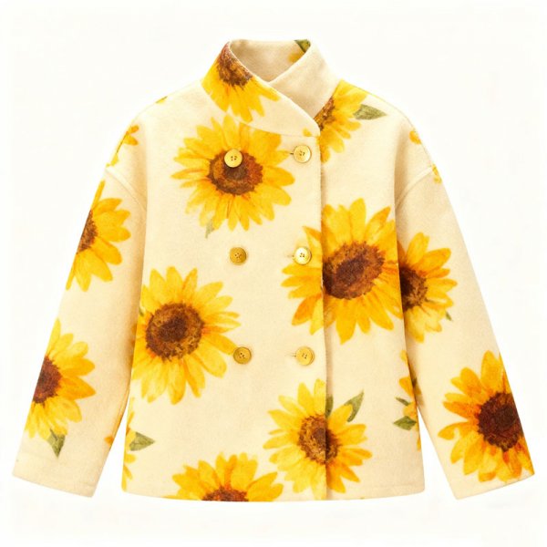 Women's Beige Sunflower Print Mandarin Collar Jacket