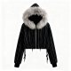 Women's Black & Silver Stripe Drawstring Faux Fur Hooded Jacket