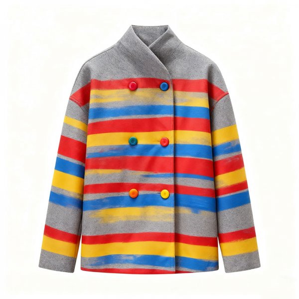 Women's Gray Colorful Stripe Mandarin Collar Jacket with Multi-Color Buttons