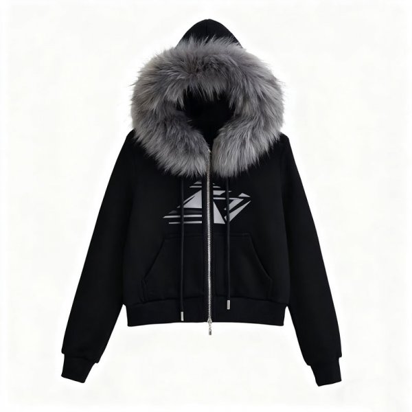 Women's Black & White Abstract Logo Faux Fur Hooded Jacket