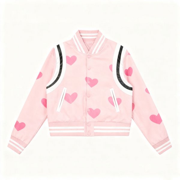 Women's Pink Heart Print Varsity Jacket
