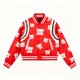 Women's Red Cute Bear Print Satin Varsity Jacket