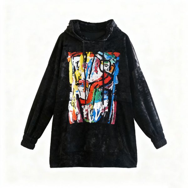 Women's Black Velvet Hoodie with Abstract Graffiti Print