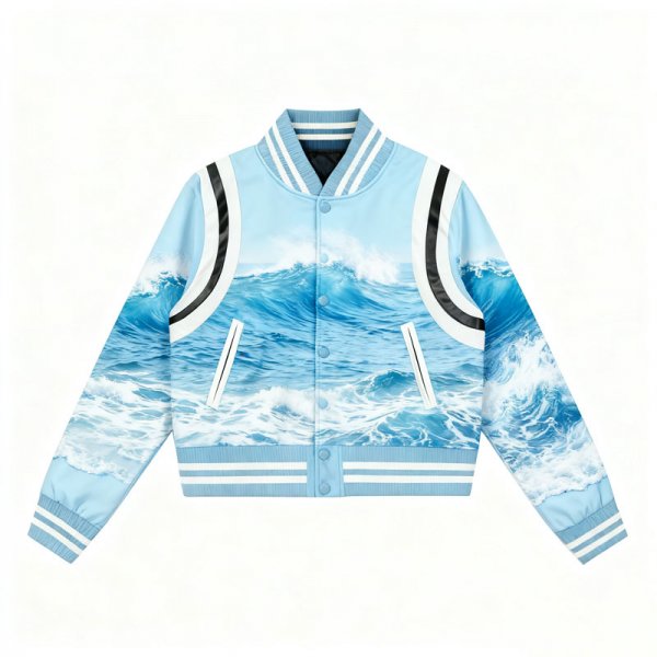 Women's Light Blue Wave Print Satin Varsity Jacket