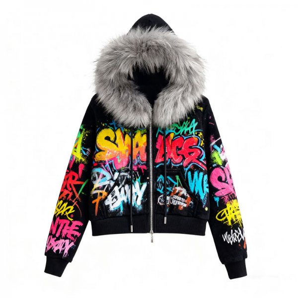 Women's Colorful Graffiti Letter Print Faux Fur Hooded Jacket