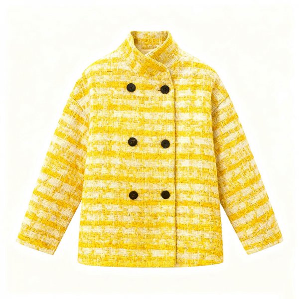 Women's Yellow & White Tweed Stripe Mandarin Collar Jacket
