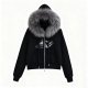 Women's Black & White Abstract Logo Faux Fur Hooded Jacket
