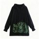 Women's Black Velvet Hoodie with Green Leaf Patchwork