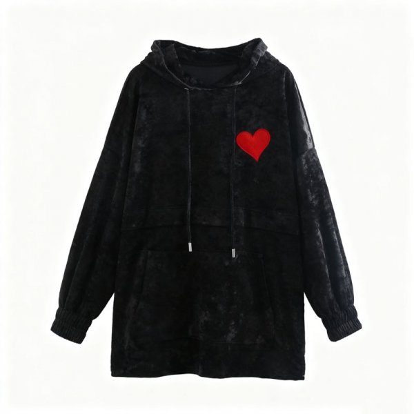 Women's Black Velvet Hoodie with Red Heart Emblem