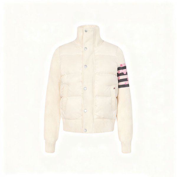 Women's Cream Quilted Bomber Jacket with Pink Dot Stripe Sleeve