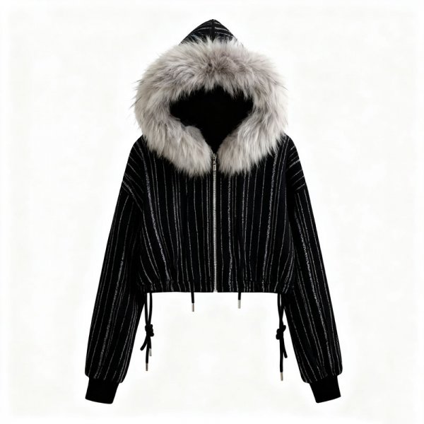 Women's Black & Silver Stripe Drawstring Faux Fur Hooded Jacket