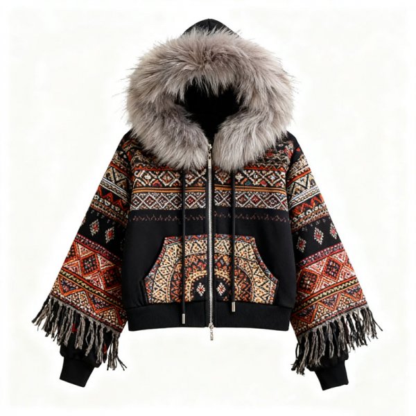 Women's Ethnic Geometric Print Fringe Trim Faux Fur Hooded Jacket