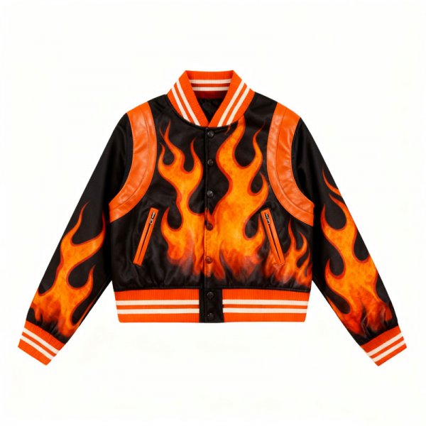 Women's Black & Orange Flame Print Leather Patchwork Varsity Jacket