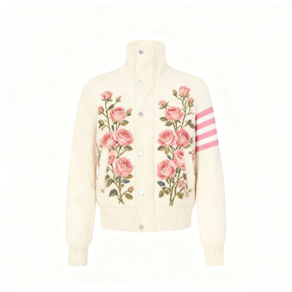 Women's Cream Pink Rose Embroidery Quilted Bomber Jacket