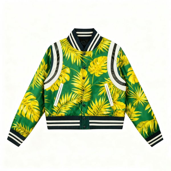 Women's Green & Yellow Tropical Leaf Print Satin Varsity Jacket