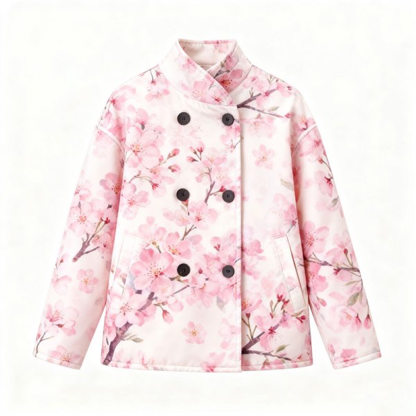 Women's Pink Cherry Blossom Print Mandarin Collar Jacket